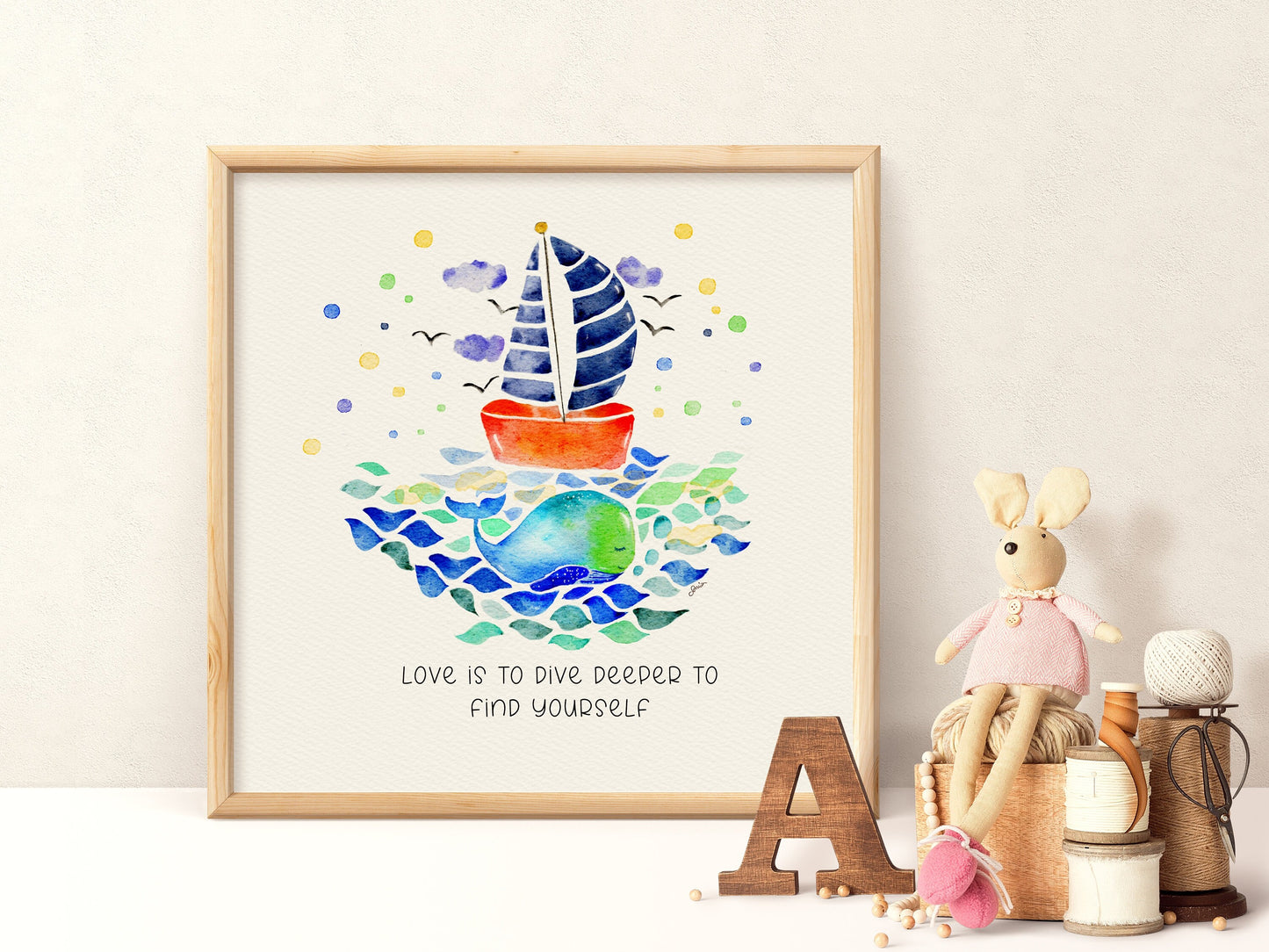 Whale & Sailboat Watercolo | Blue Nursery Wall Decor| Inspirational Sea Life Art