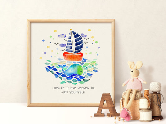Whale & Sailboat Watercolo | Blue Nursery Wall Decor| Inspirational Sea Life Art
