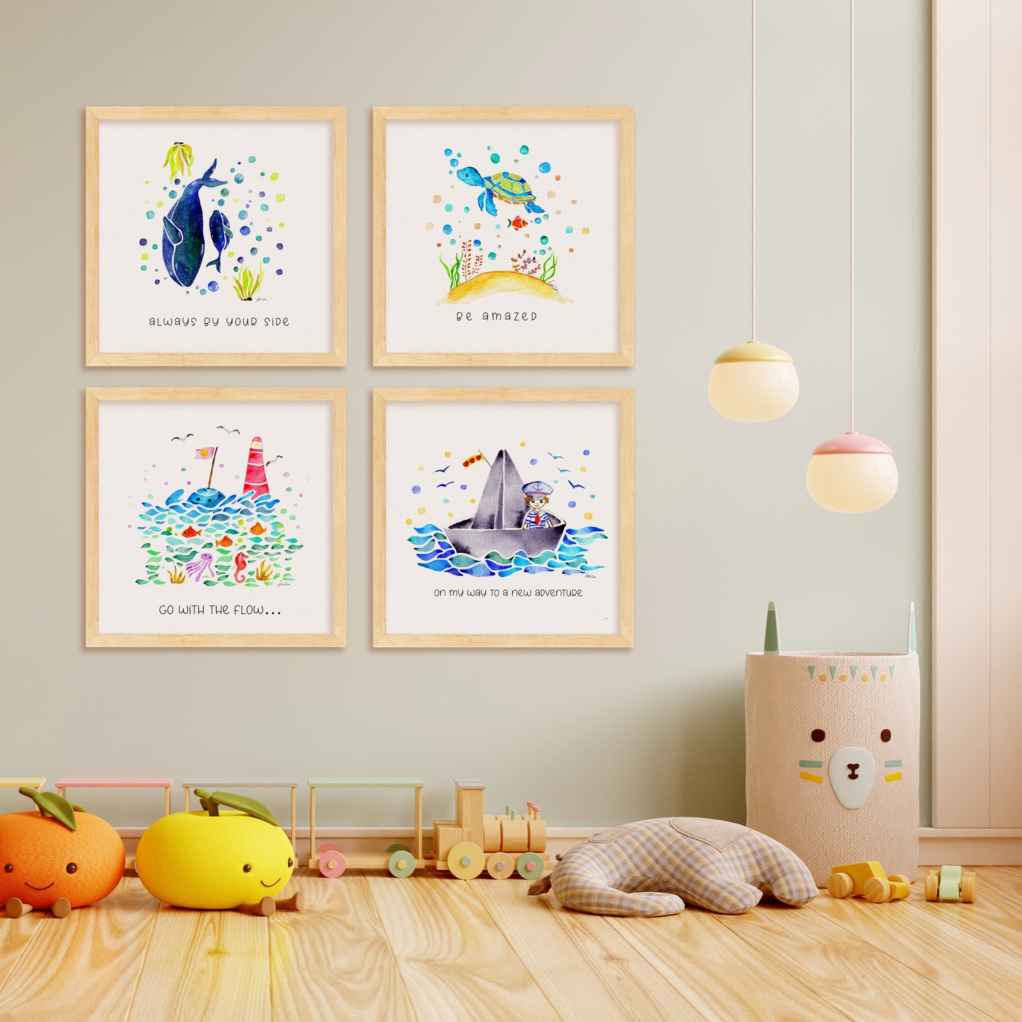 Whale & Sailboat Watercolo | Blue Nursery Wall Decor| Inspirational Sea Life Art