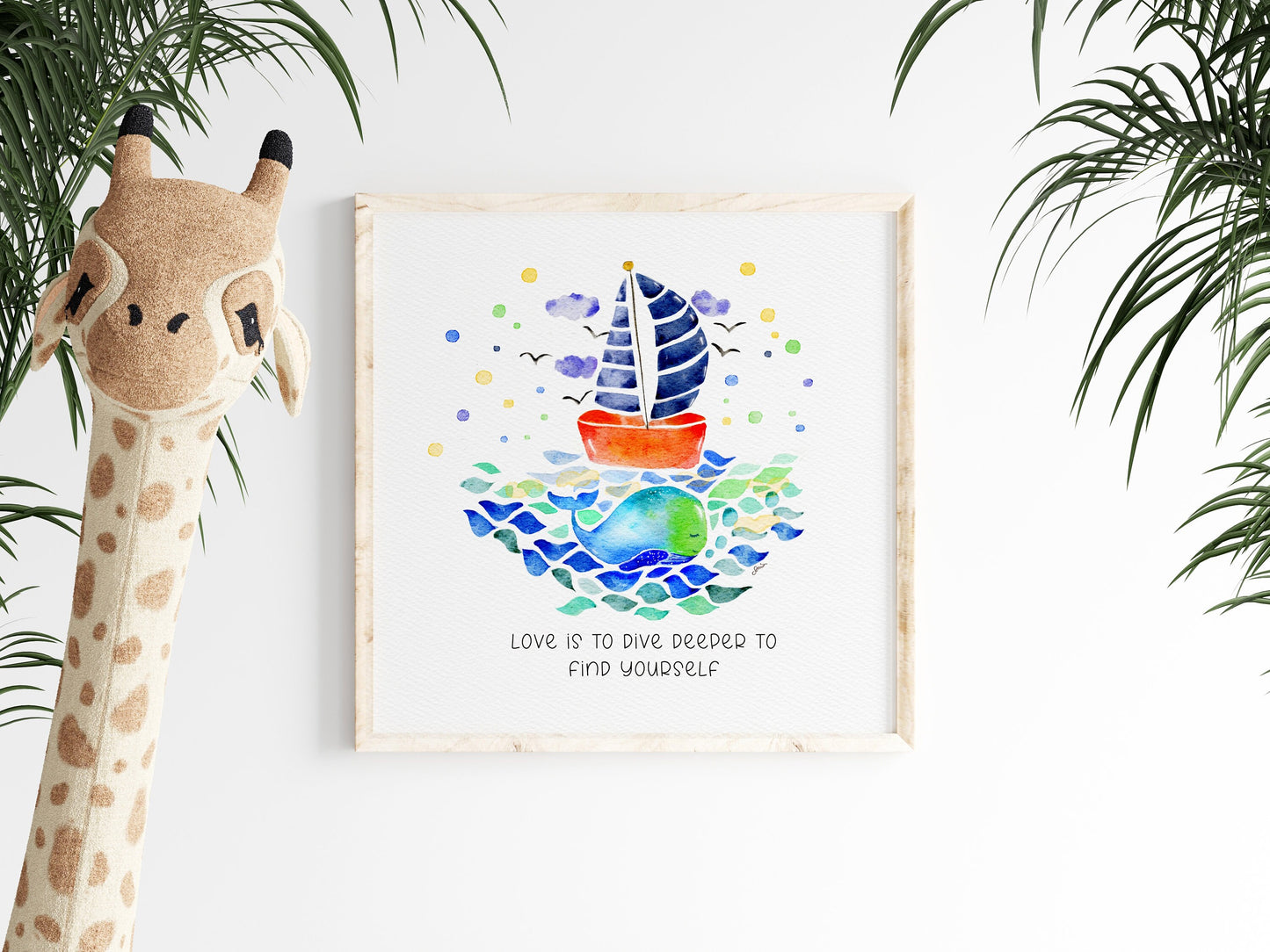 Whale & Sailboat Watercolo | Blue Nursery Wall Decor| Inspirational Sea Life Art