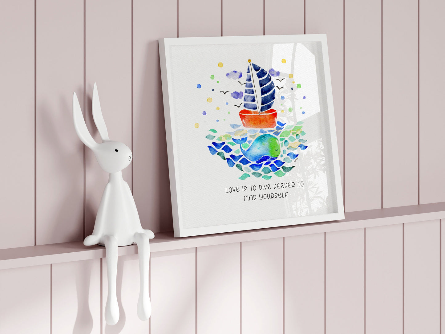 Whale & Sailboat Watercolo | Blue Nursery Wall Decor| Inspirational Sea Life Art
