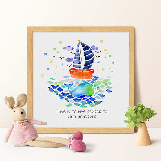 Whale & Sailboat Watercolo | Blue Nursery Wall Decor| Inspirational Sea Life Art