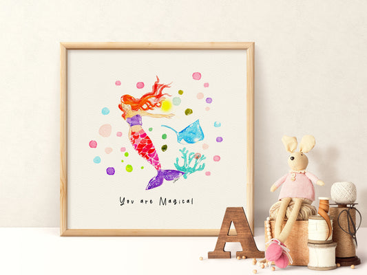 Mermaid Watercolor Art Print | "You are Magical" Quote | Nautical Nursery Decor