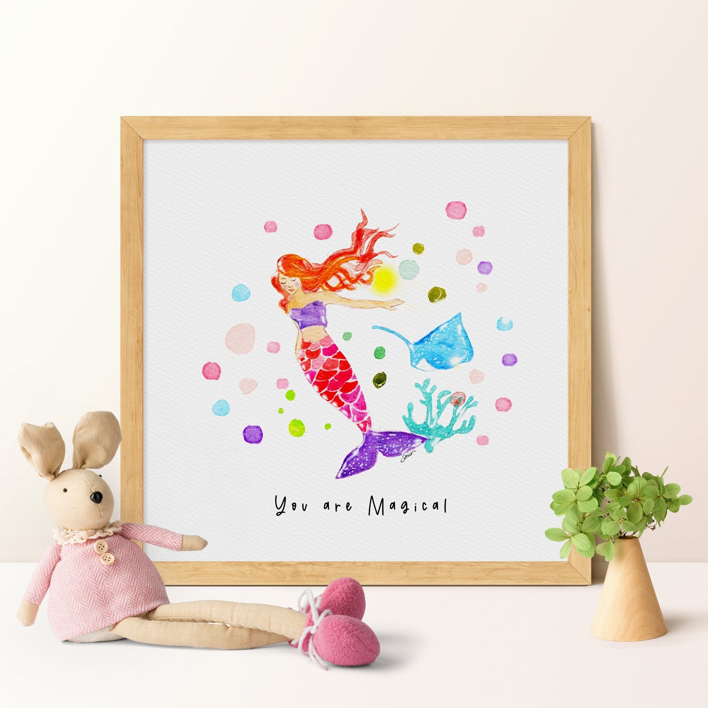 Mermaid Watercolor Art Print | "You are Magical" Quote | Nautical Nursery Decor