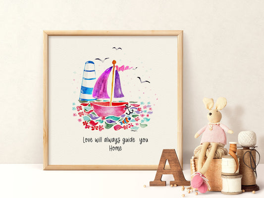 Sailing Boat Nursery Art | Watercolor Nautical Print | Baby Girl Room Decor