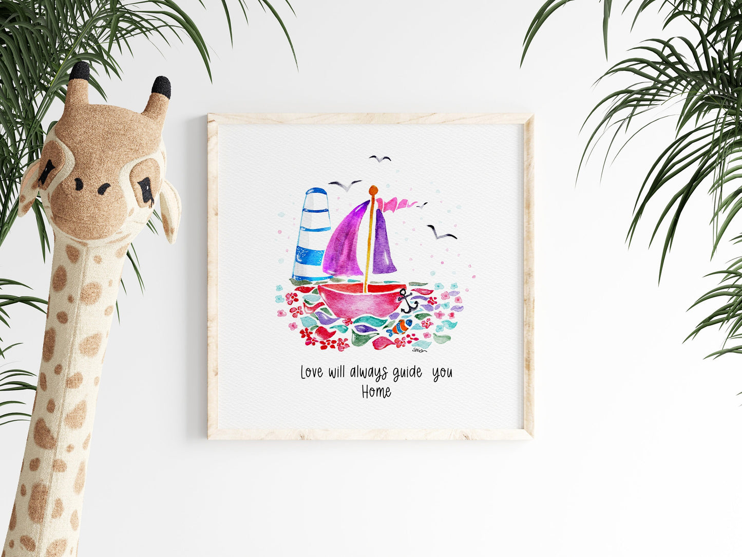Sailing Boat Nursery Art | Watercolor Nautical Print | Baby Girl Room Decor