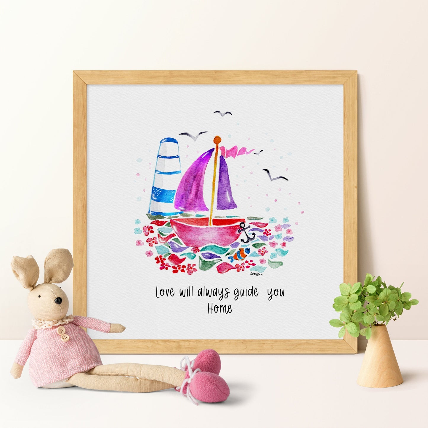 Sailing Boat Nursery Art | Watercolor Nautical Print | Baby Girl Room Decor