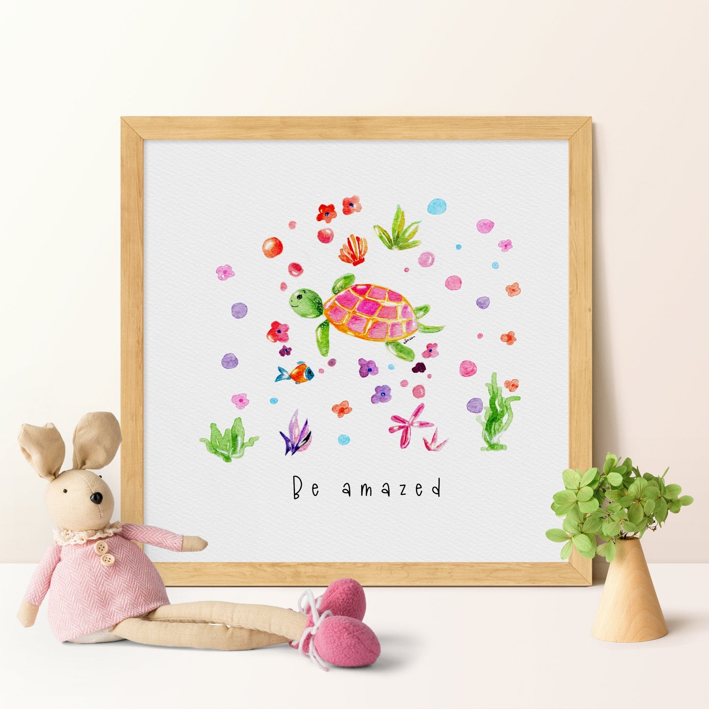 Pink Sea Turtle Watercolor Girl's Print |  Nursery Home Decor  Marine Life