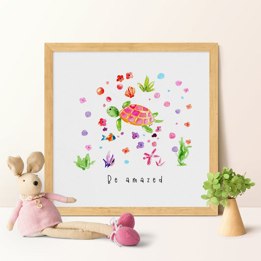 Pink Sea Turtle Watercolor Girl's Print |  Nursery Home Decor  Marine Life