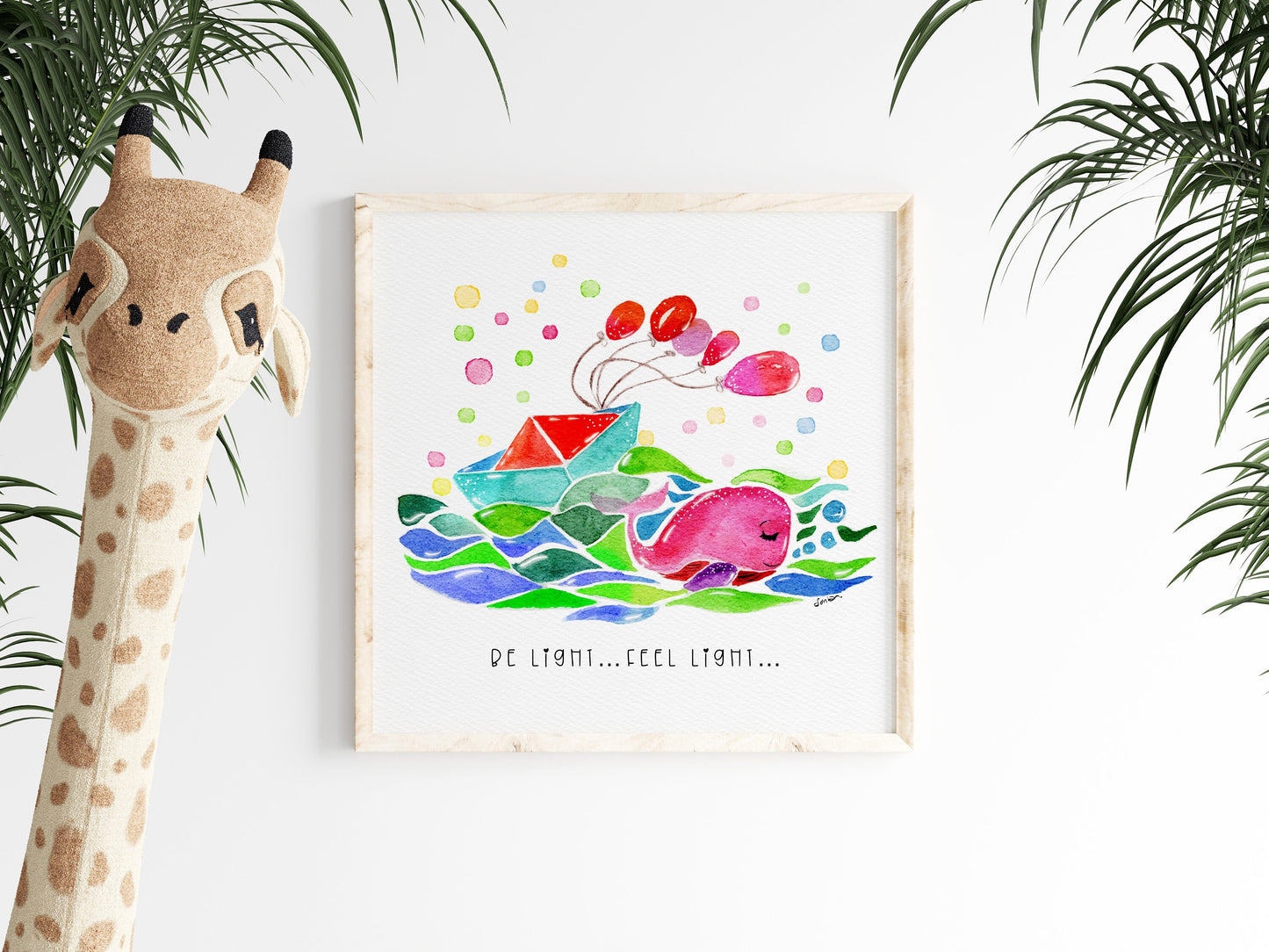 Whale Balloon Watercolor Print | "Be Light Feel Light" Inspirational Nursery Art