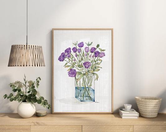 Purple Eustoma Watercolor Art Print, Lisianthus Floral Painting, Home Decor Art