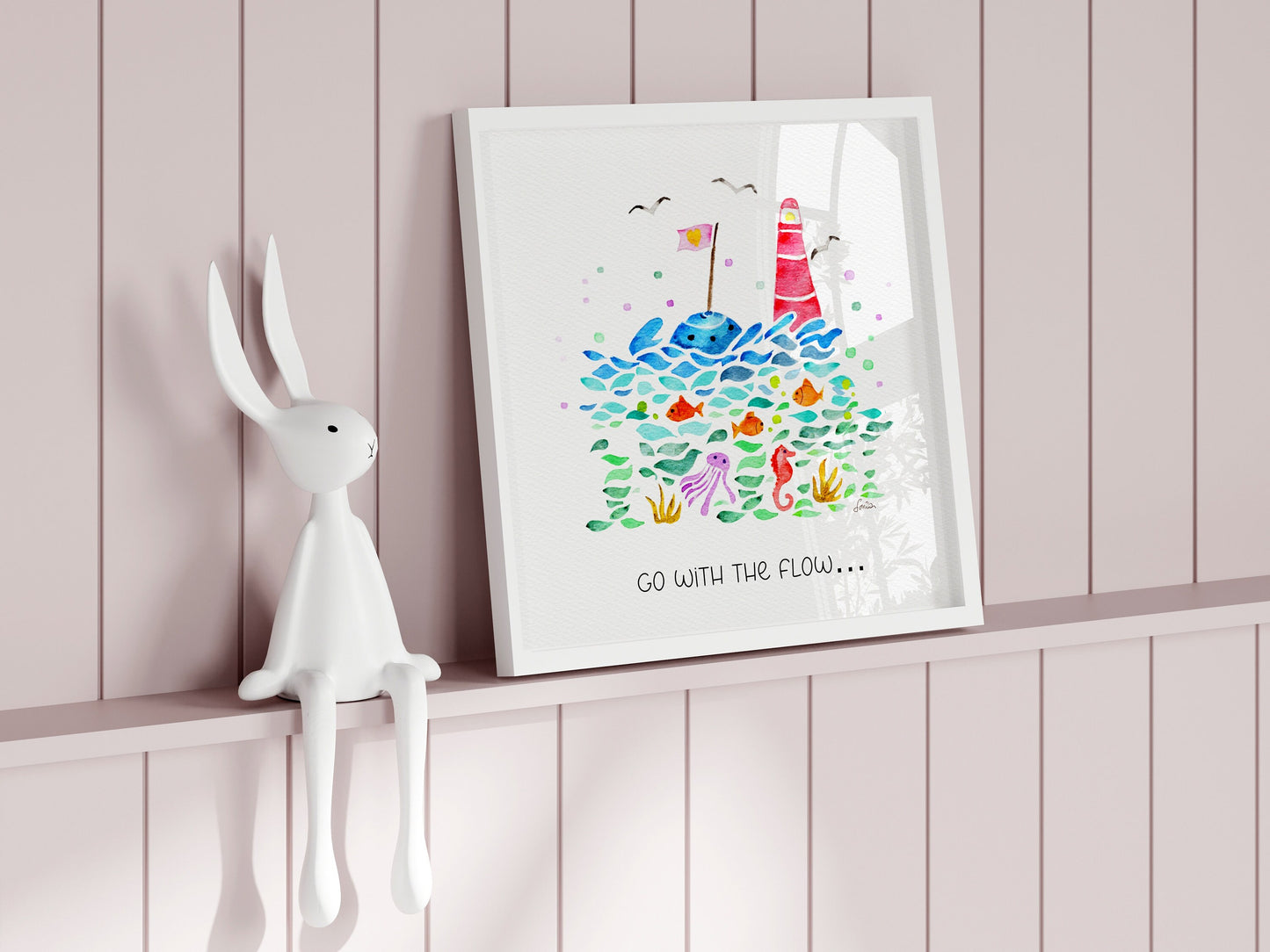 Nautical Lighthouse Nursery Watercolor Decor |"Go With The Flow" Sea Life Art