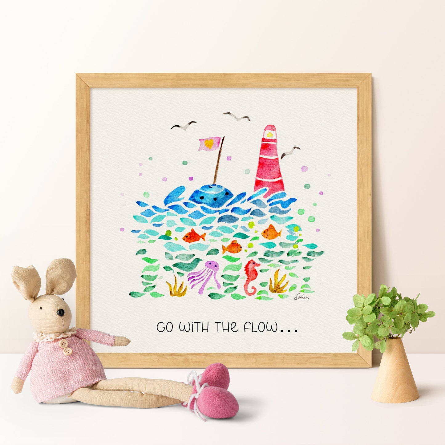 Nautical Lighthouse Nursery Watercolor Decor |"Go With The Flow" Sea Life Art
