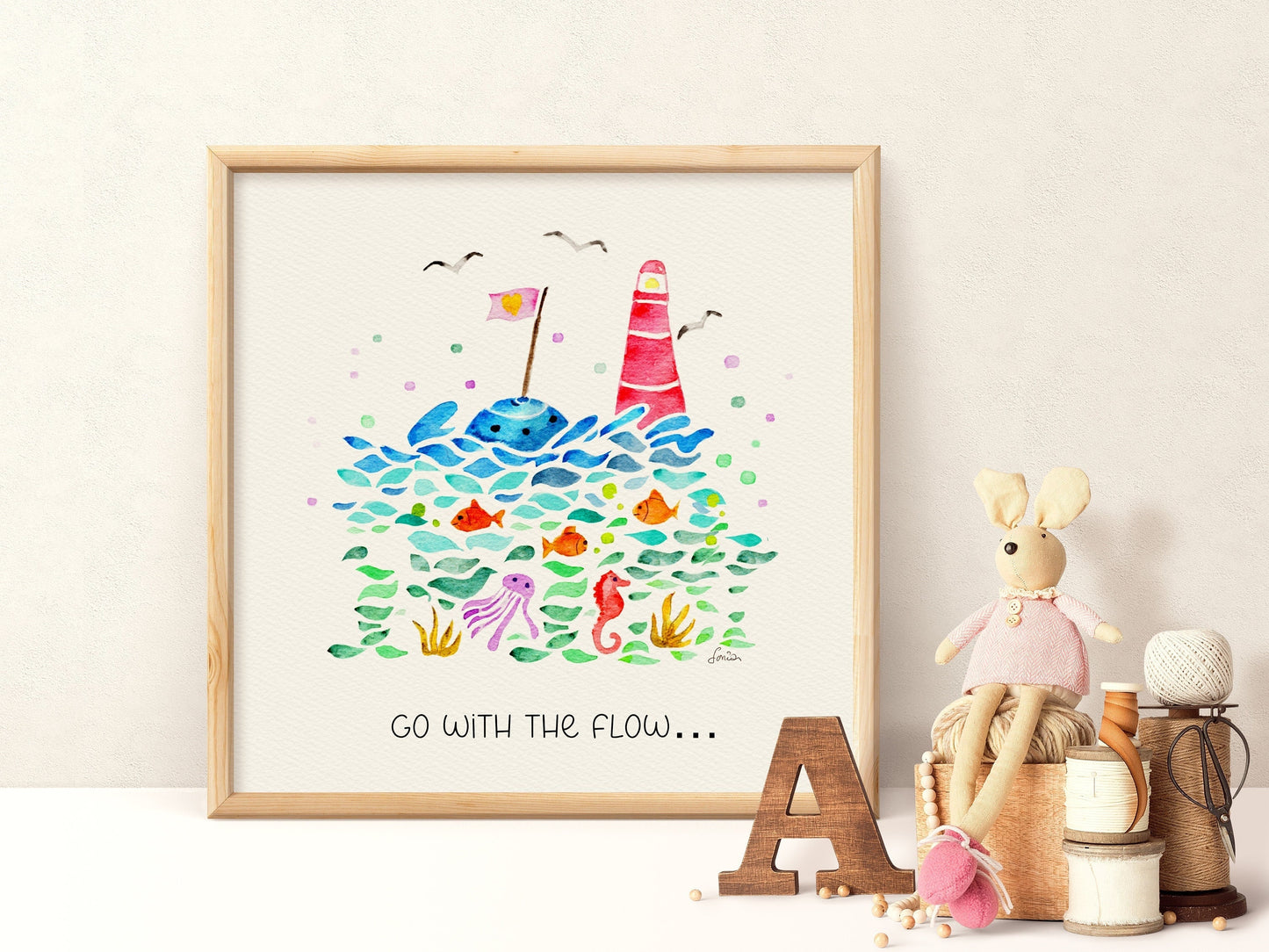 Nautical Lighthouse Nursery Watercolor Decor |"Go With The Flow" Sea Life Art