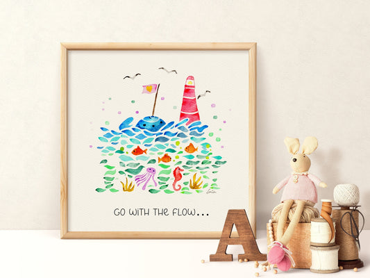 Nautical Lighthouse Nursery Watercolor Decor |"Go With The Flow" Sea Life Art