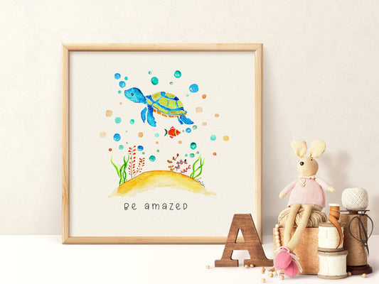 Sea Turtle Nursery Art  | Nautical Watercolor Print | Boy's Room Decor