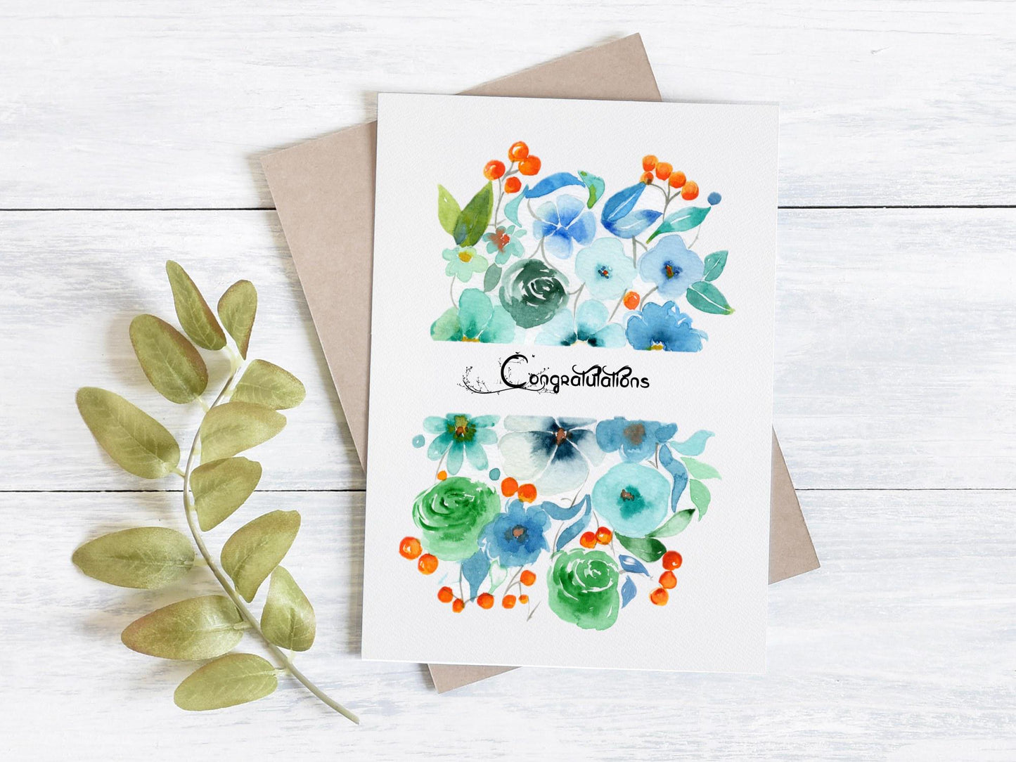 Light Blue Floral Watercolor Notecard| Handmade Botanical Greeting New Baby Card
