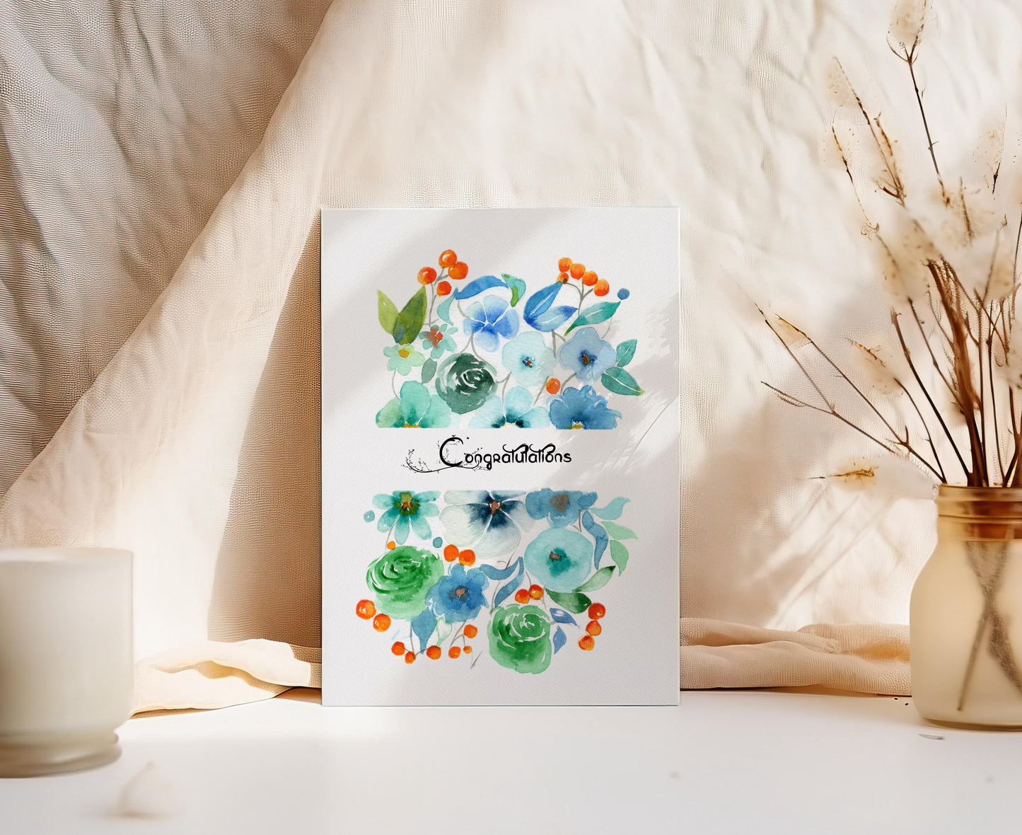 Light Blue Floral Watercolor Notecard| Handmade Botanical Greeting New Baby Card