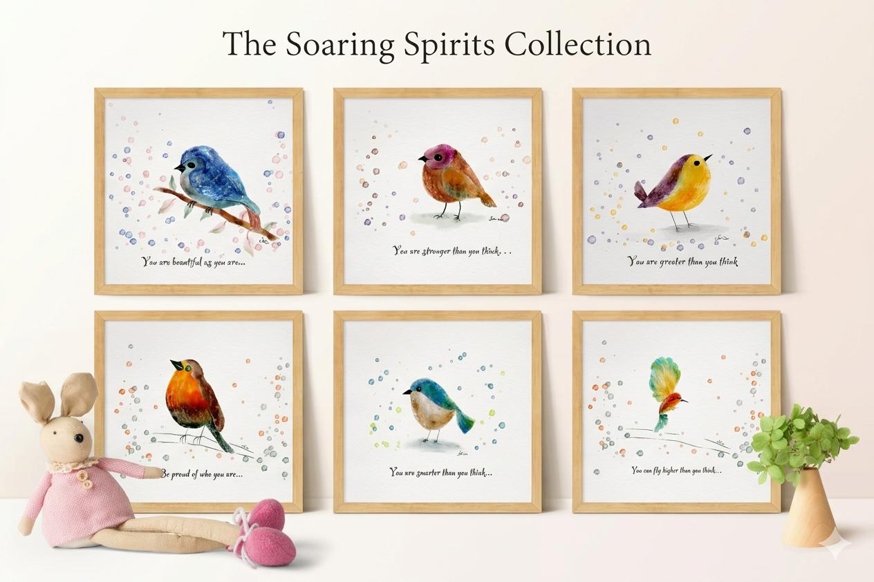 Hand-Drawn Bird Nursery Art Prints Set of 6 | Empowering Digital Illustration for Baby Room & Playroom Wall Decor