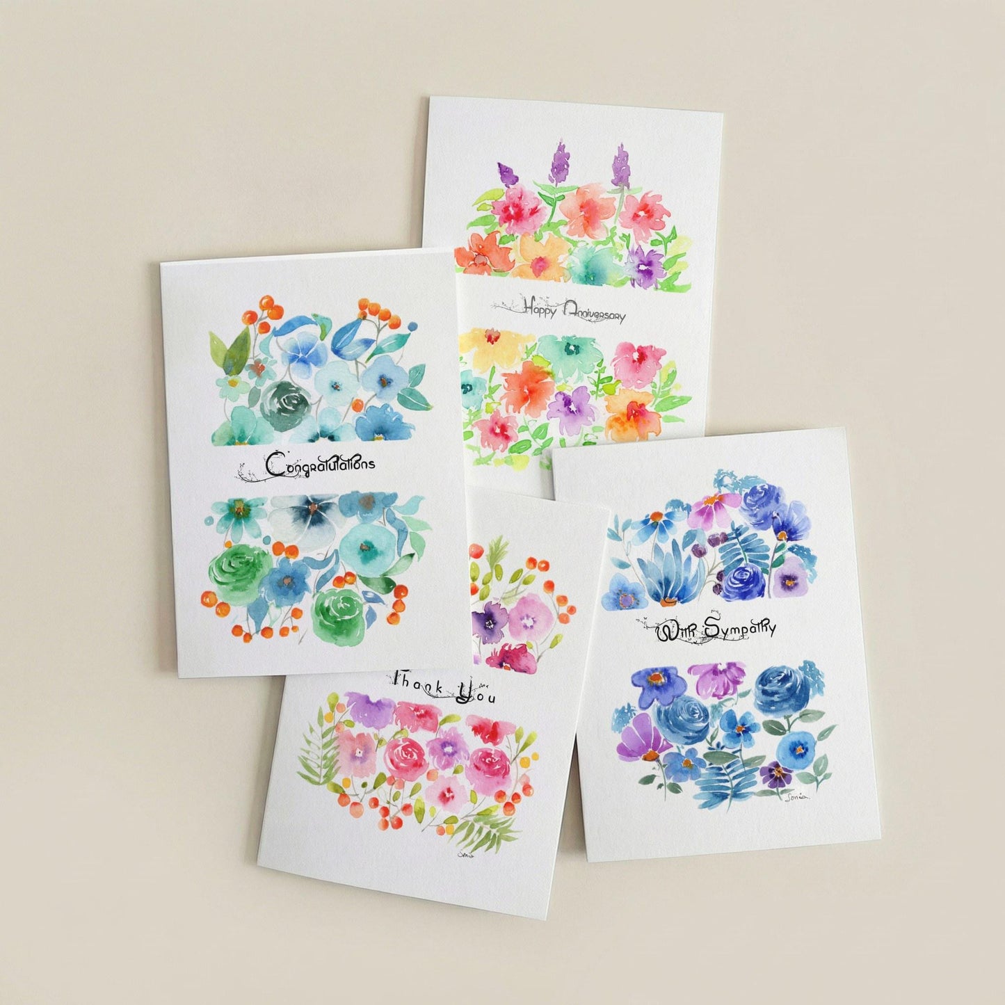 Set of 4 Botanical Notecards | Handmade Watercolor stationary| Flower Art Bundle