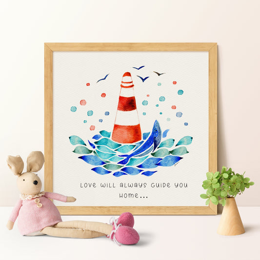 Lighthouse Whale Art Print | Nautical Decor for Boy's Nursery| Watercolor Gift