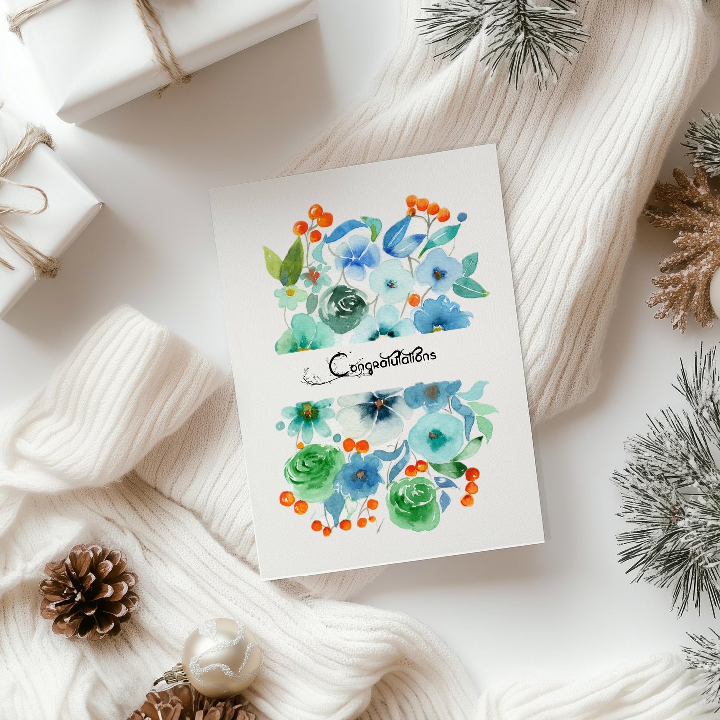 Light Blue Floral Watercolor Notecard| Handmade Botanical Greeting New Baby Card
