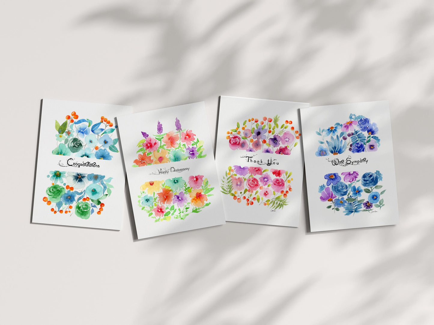 Set of 4 Botanical Notecards | Handmade Watercolor stationary| Flower Art Bundle