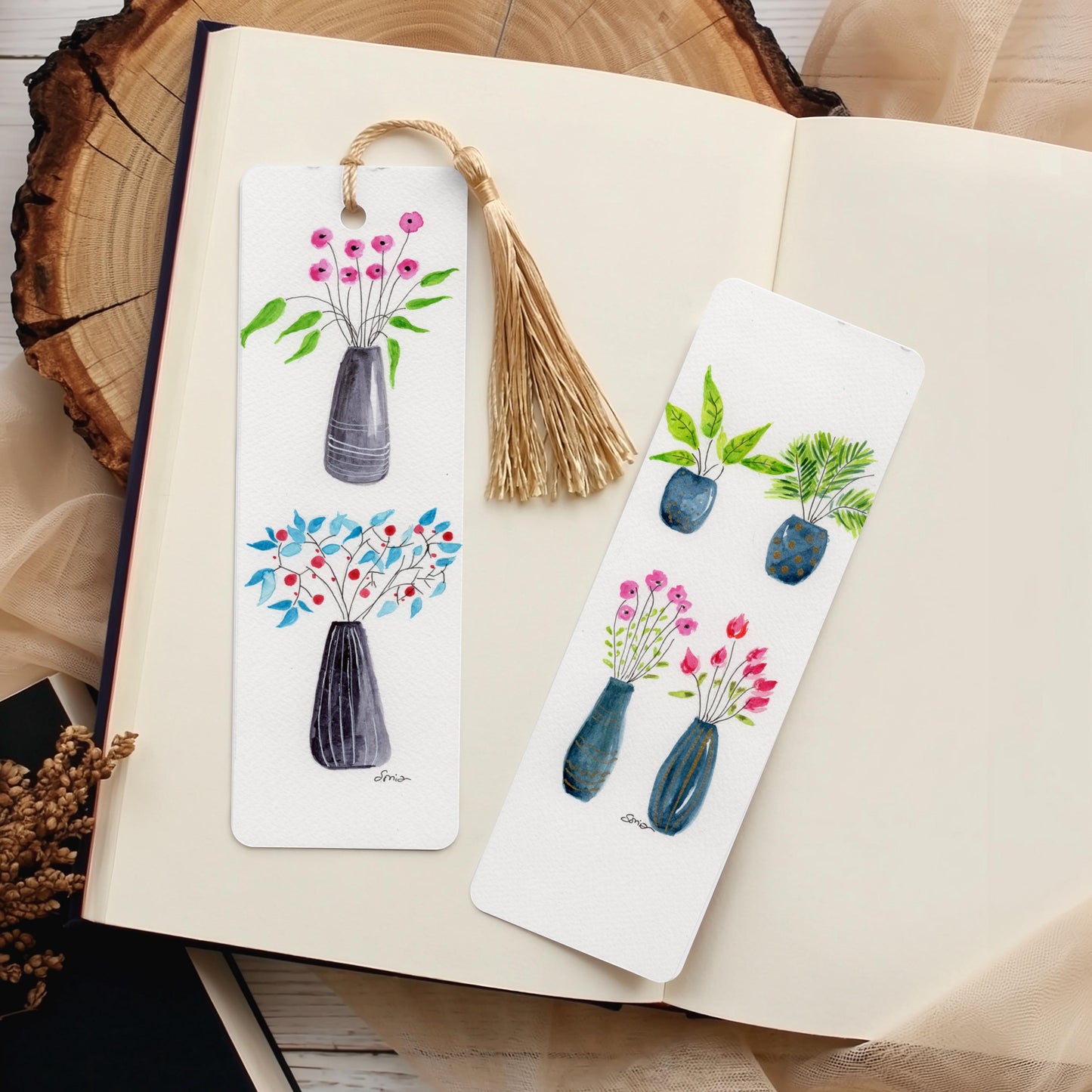 Watercolor Flower Pot Bookmarks | Floral Handmade Art Plant Lover Gift Set of 3