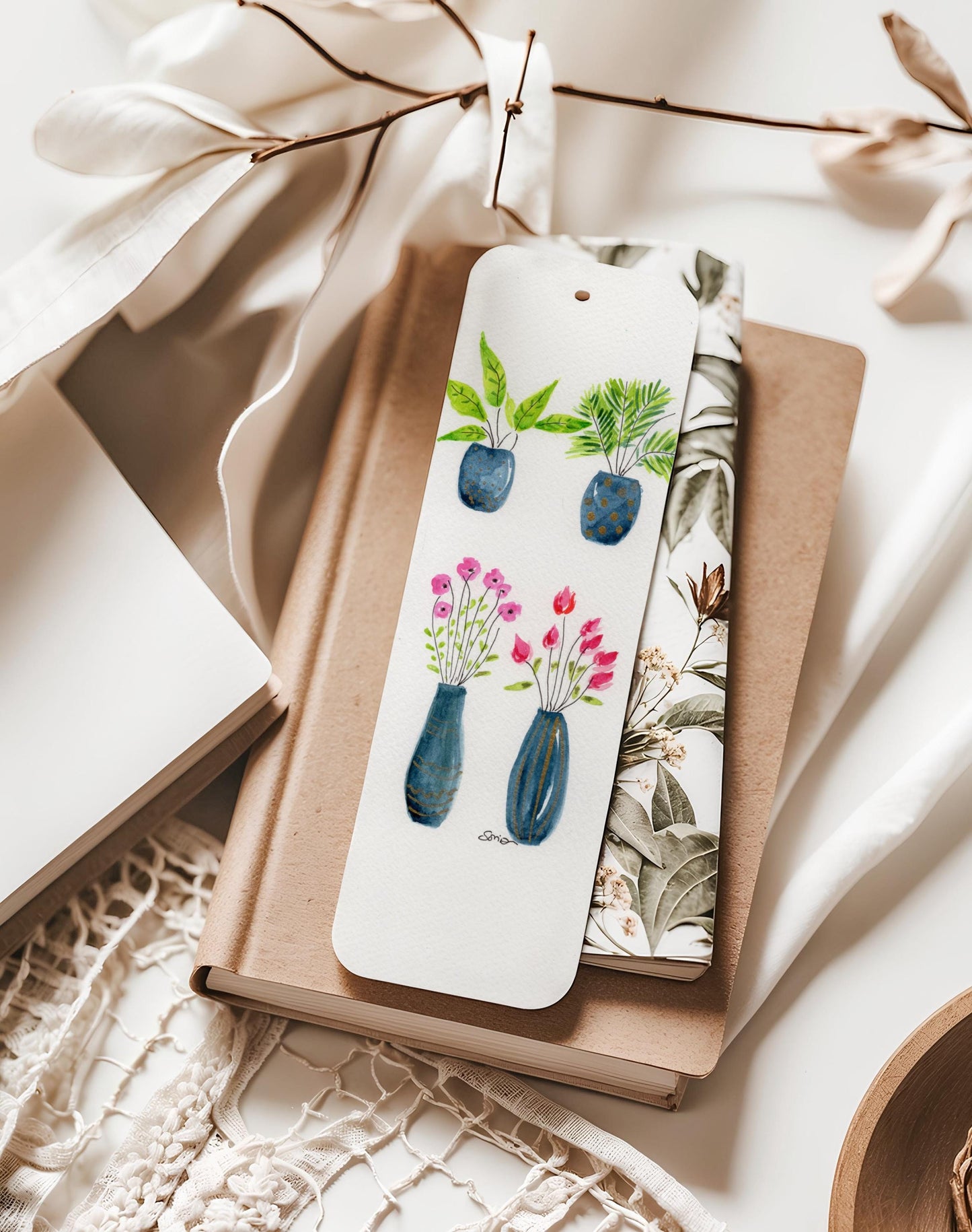 Watercolor Flower Pot Bookmarks | Floral Handmade Art Plant Lover Gift Set of 3