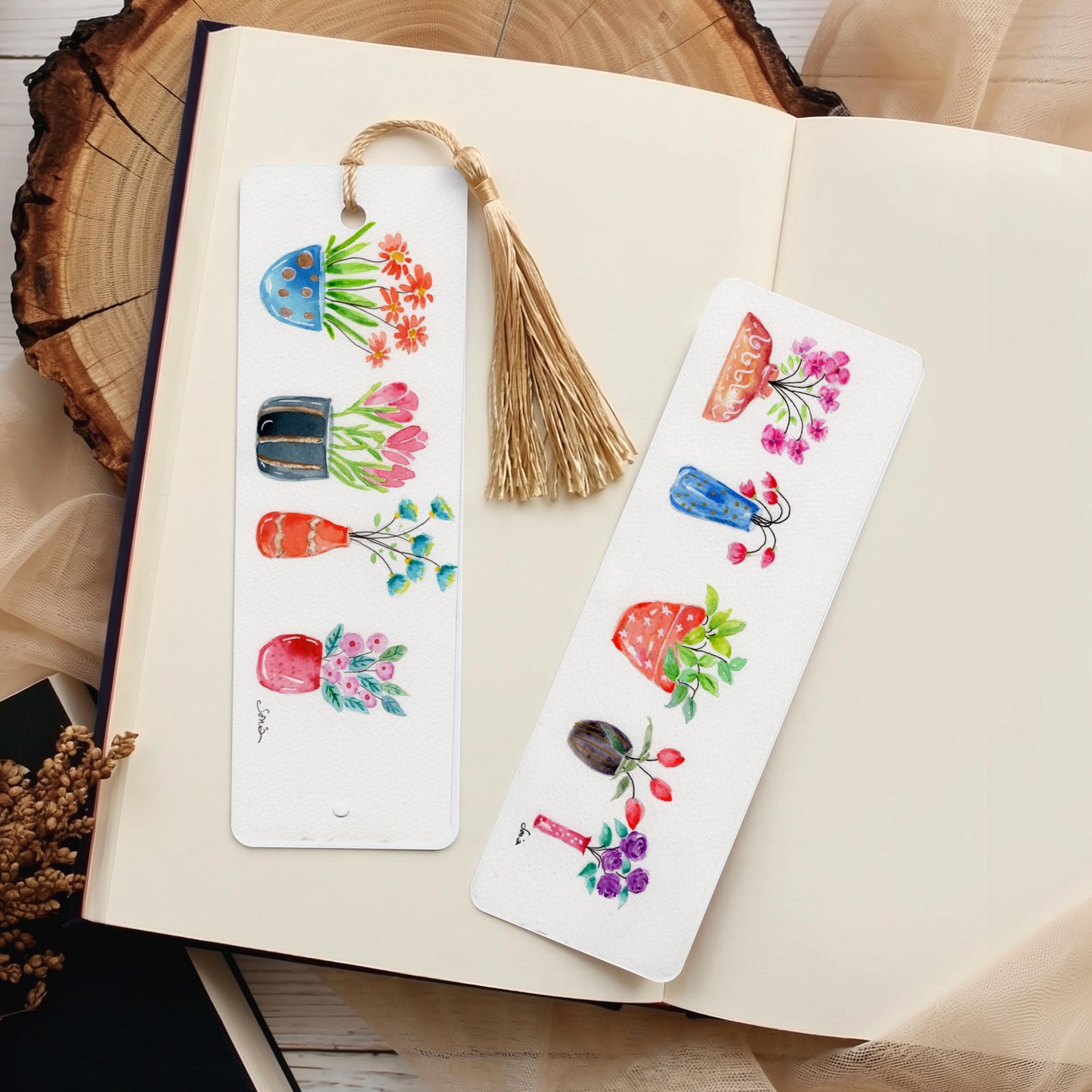 Botanical Bookmark Set of 3, Hand-Painted Floral Gift Art Stationary