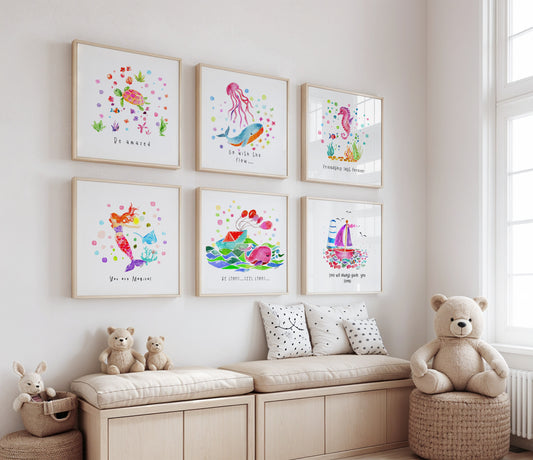 Set of 6 Nautical Nursery Watercolor  Girl Prints - "Sea of Empowerment" Collection.