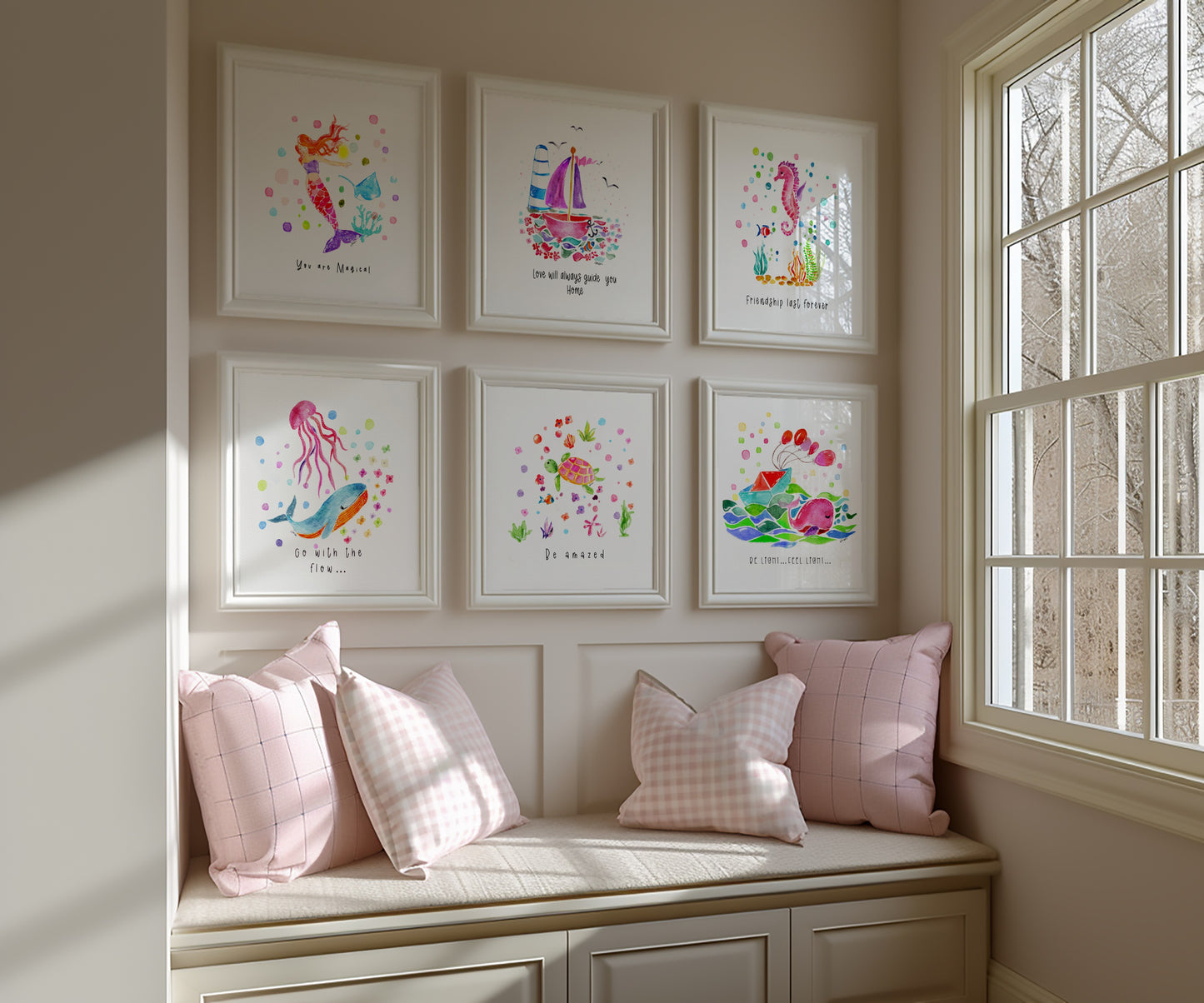 Set of 6 Nautical Nursery Watercolor  Girl Prints - "Sea of Empowerment" Collection.