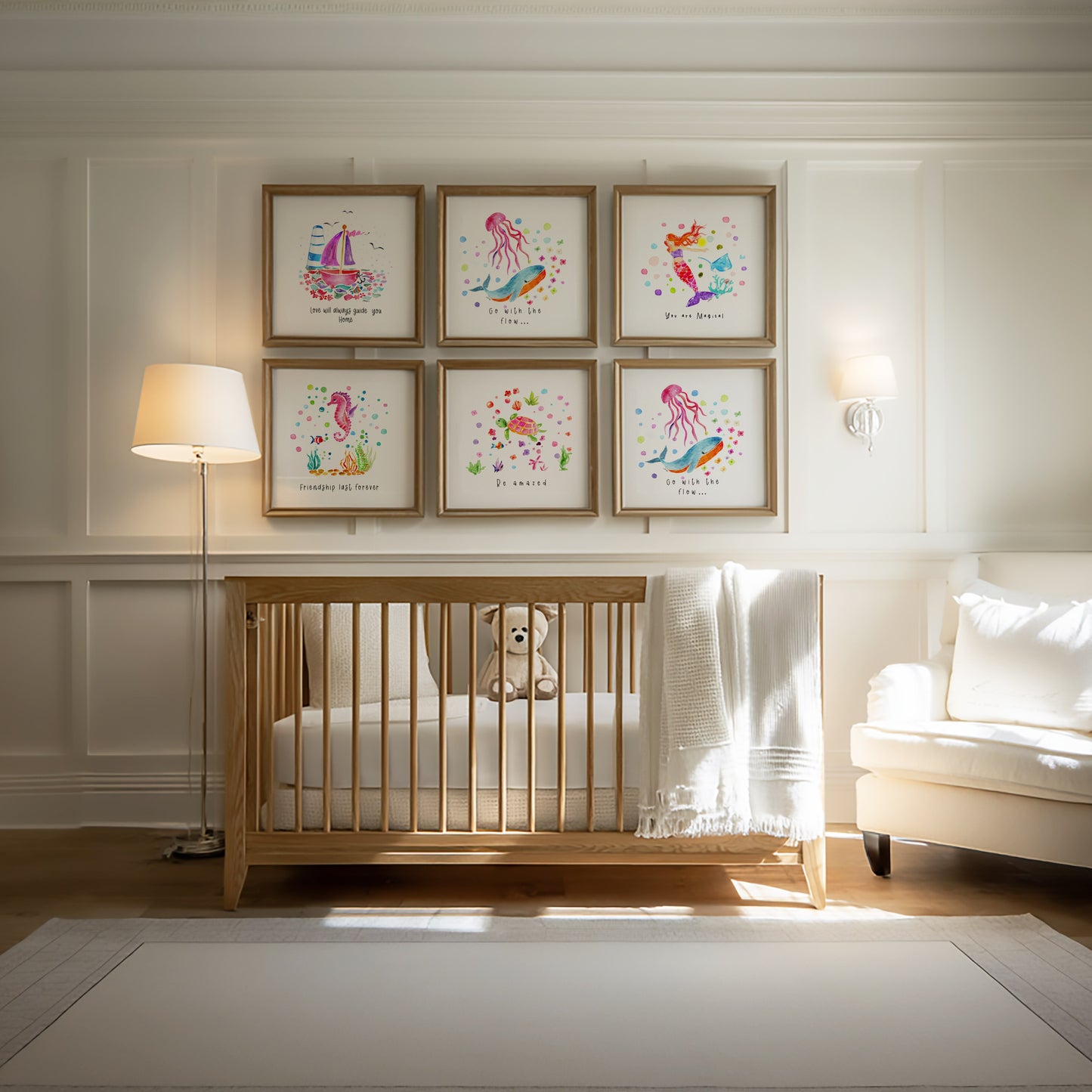Set of 6 Nautical Nursery Watercolor  Girl Prints - "Sea of Empowerment" Collection.