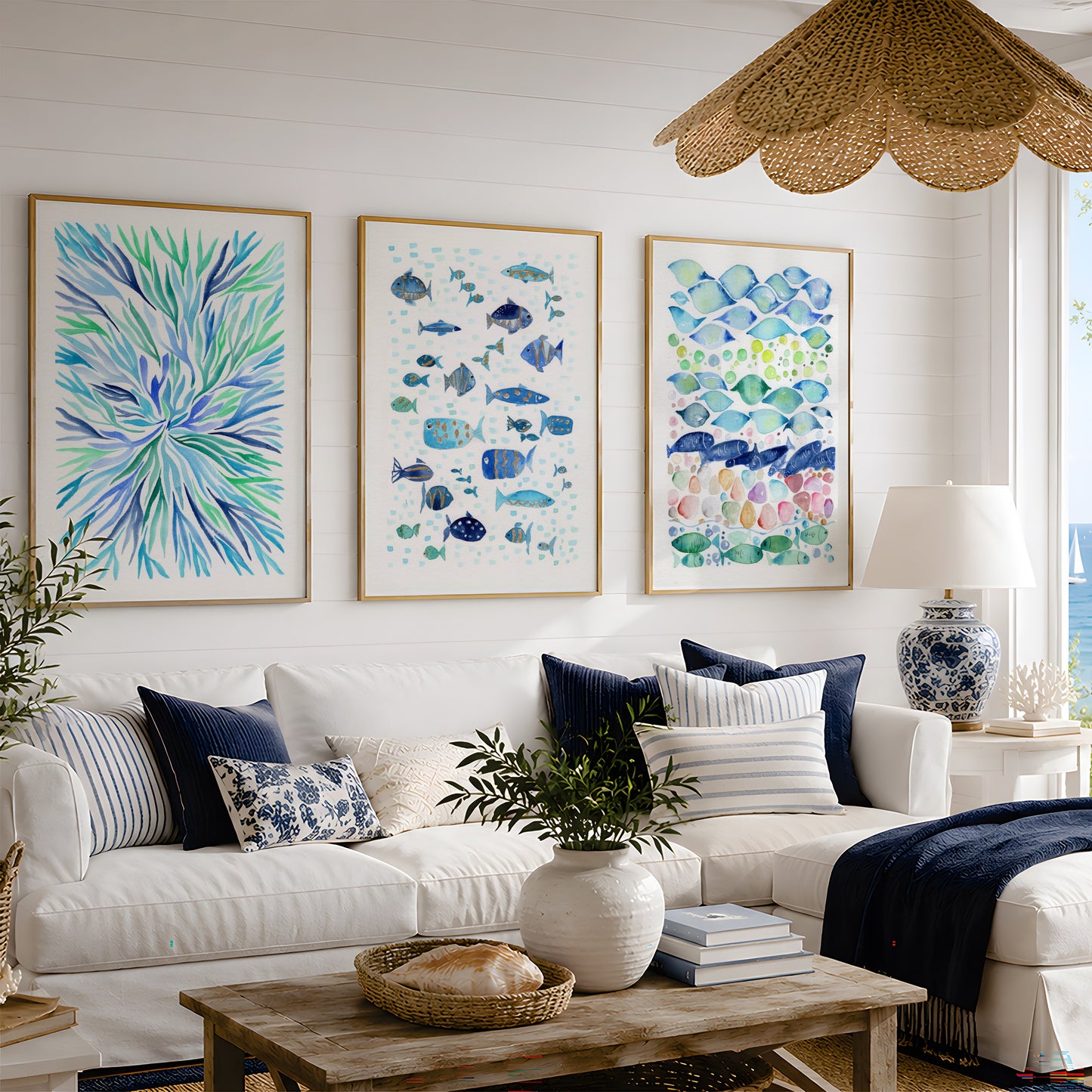 Set of 2 Coastal Wall Art, Navy Blue Ocean Prints, Abstract Underwater Pattern, Shimmering Gold Fish, Modern Beach House Decor, Minimalist Marine Art (Copy)
