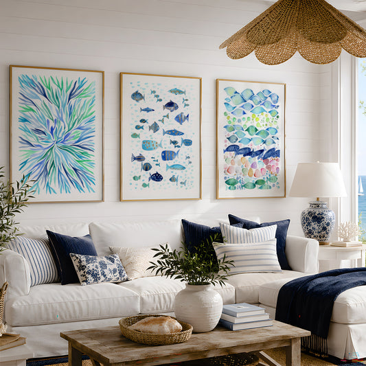 Set of 3 Coastal Wall Art,  Abstractive Underwater Botanical Pattern, Modern Nautical Decor, Beach House Art